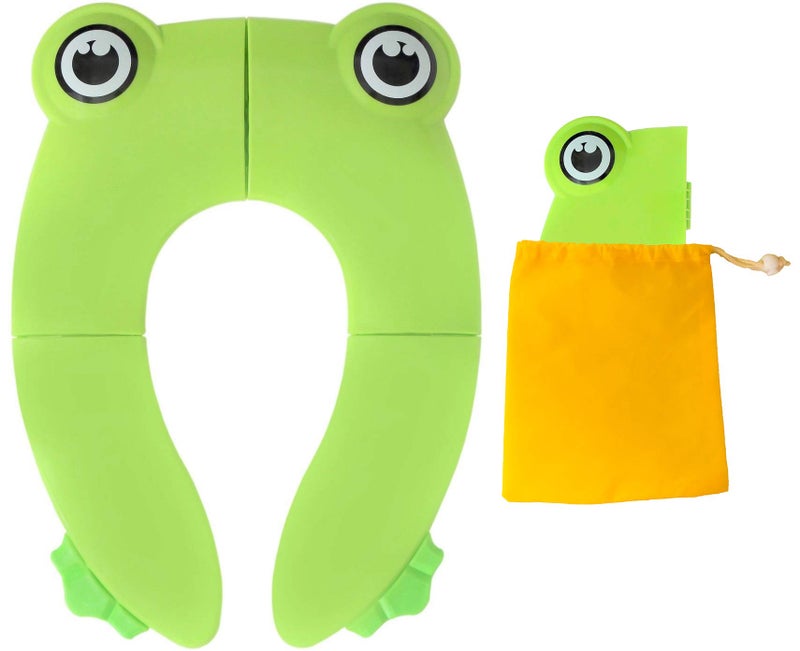 POKANIC Toilet Potty Training Seat Cover, Travel Toilet Seat, Folding Non Slip Silicone Pads, Travel Portable Reusable Kids Toddlers Boys Girls, Carry Bag (Green - Frog) - Image 1
